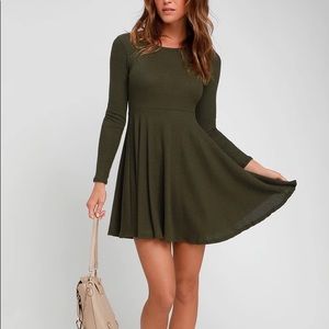 Olive Green Ribbed Knit Long Sleeve Skater Dress